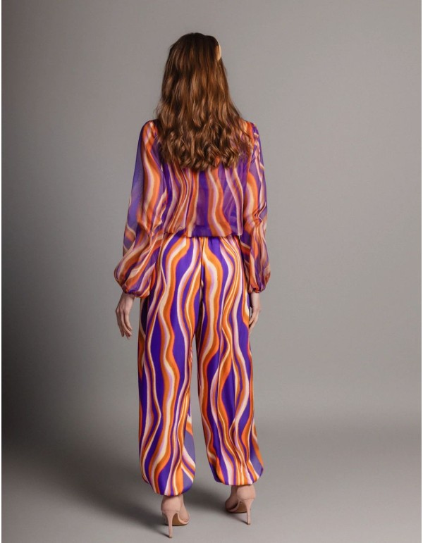 Pantalon bouffant à motifs dans les tons orange et violet 2