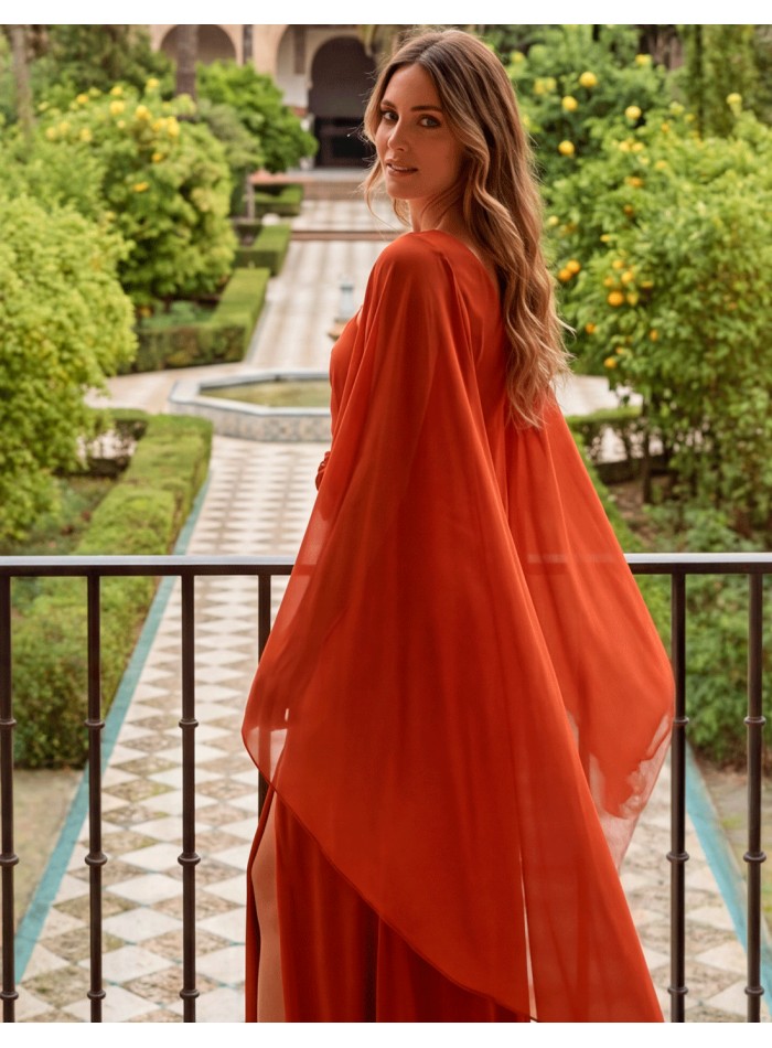 Terracotta-colored long dress with a chiffon...