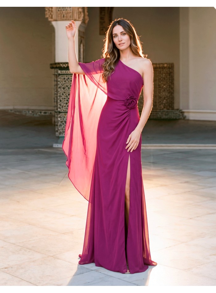 Long bougainvillea-print dress with a chiffon overlay and flower detail for a wedding guest