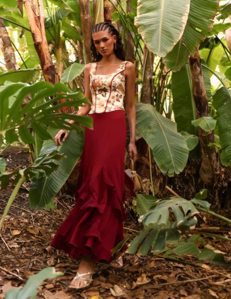 Maroon midi skirt with asymmetrical chiffon ruffles