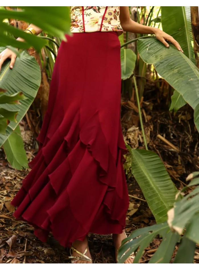 Maroon midi skirt with asymmetrical chiffon...
