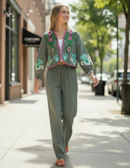 Straight-leg hunting green linen pants