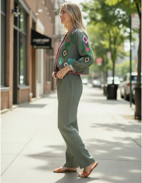 Pantalon droit vert chasse en lin 2