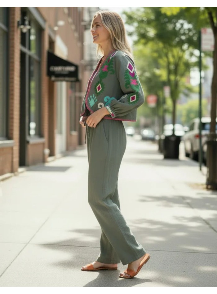 Pantalon droit vert chasse en lin