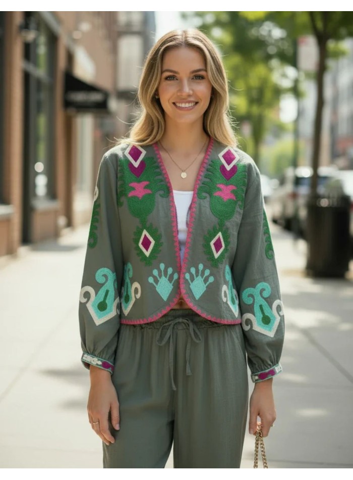 Short green hunting kimono with colorful floral...