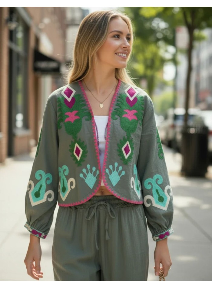 Short green hunting kimono with colorful floral...