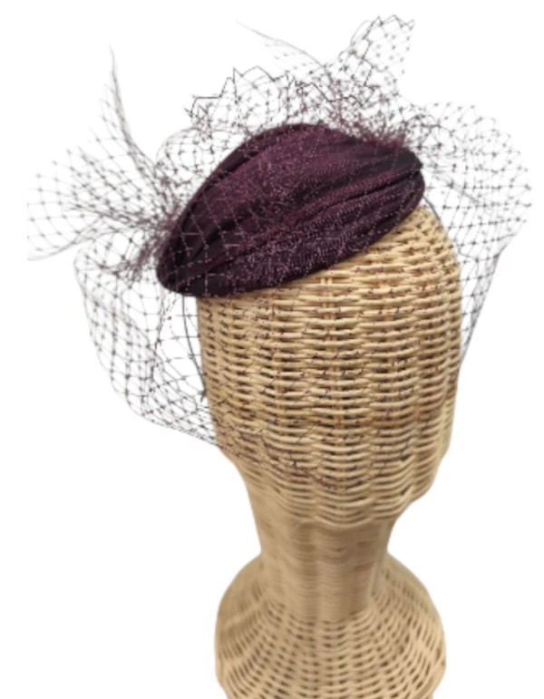 Wine-colored headpiece with a plumeti mesh veil 2