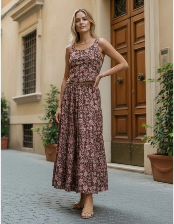 Floral-print top and skirt set in earth tones and pink