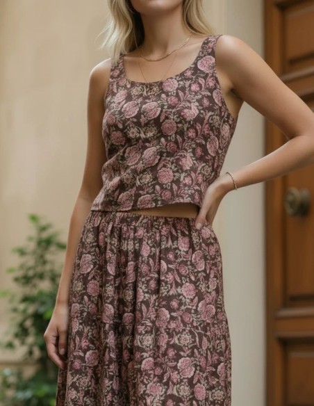 Floral-print top and skirt set in earth tones and pink