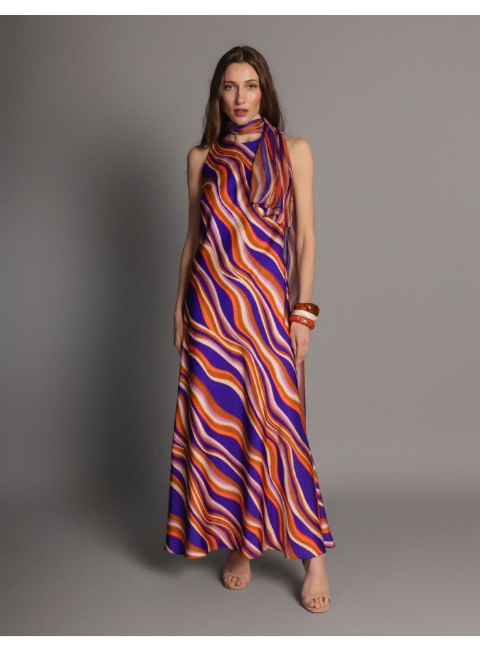 Long, multicolored printed satin dress