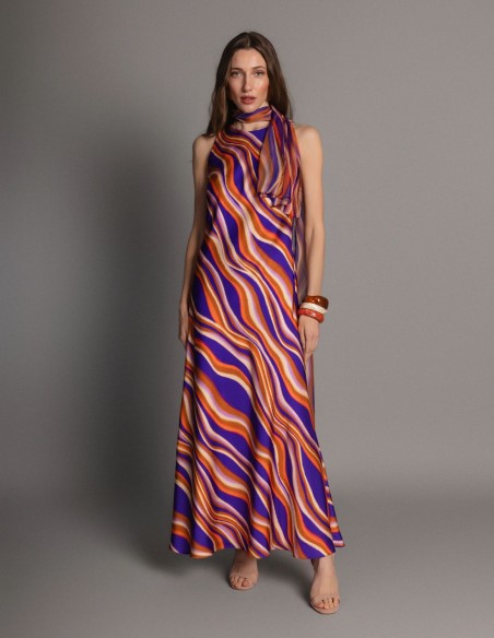 Vestido largo estampado de satén multicolor