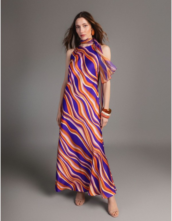 Long, multicolored printed satin dress 2