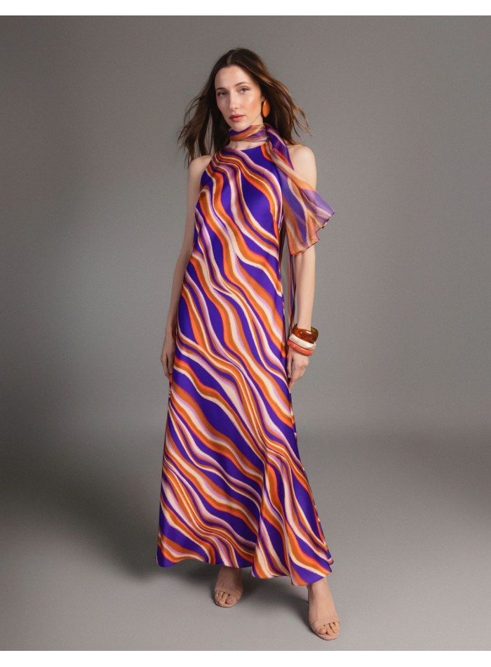 Long, multicolored printed satin dress