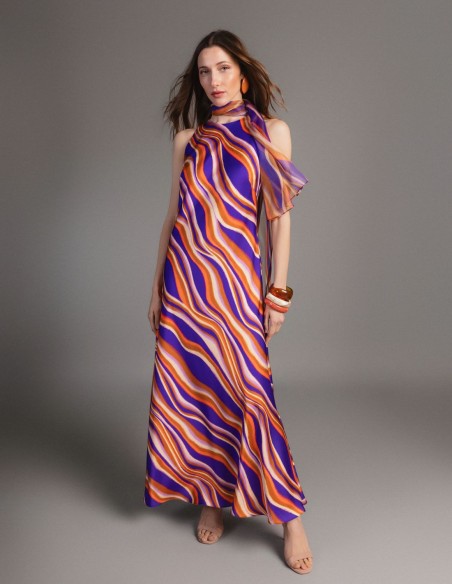 Robe longue imprimée en satin multicolore