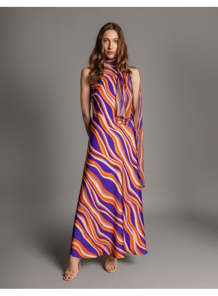 Long, multicolored printed satin dress