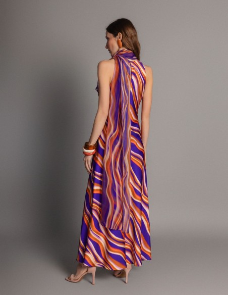 Robe longue imprimée en satin multicolore