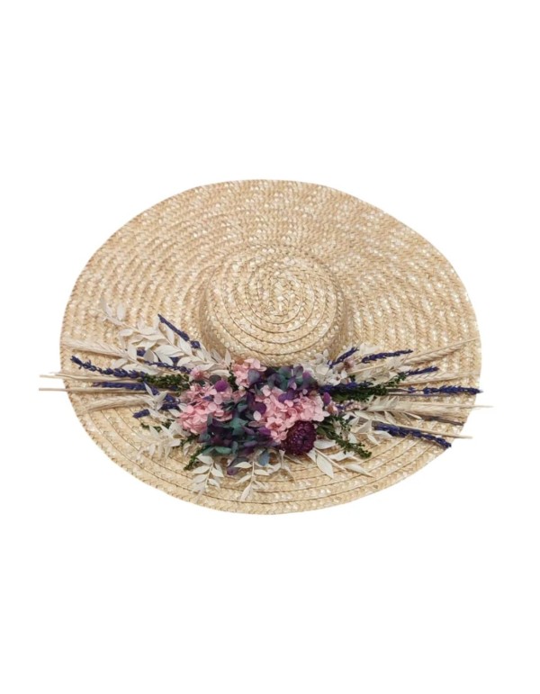 Straw pamela with preserved floral embellishment for a guest