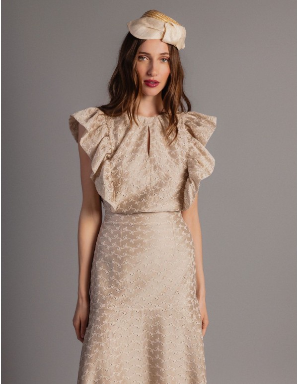 Short top made of Tencel fabric with embroidered ruffle...