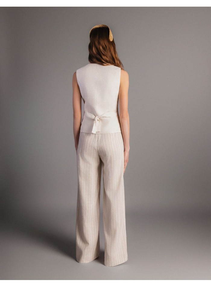 Pantalon largo de línea recta estilo lino  beige