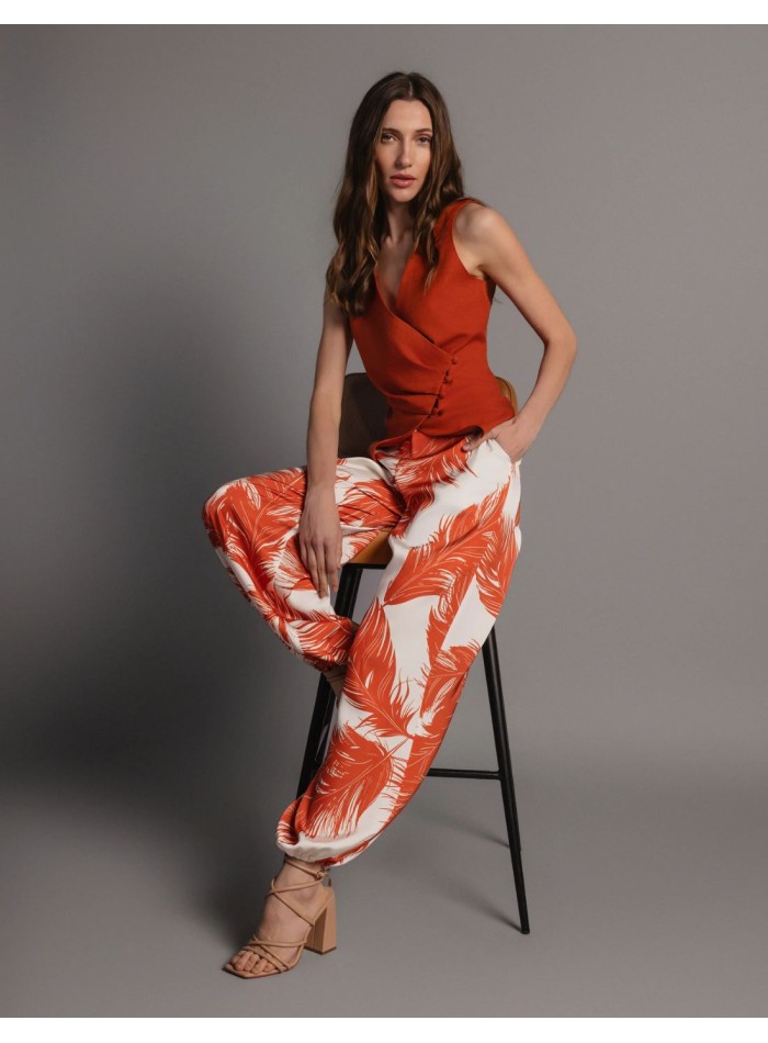 Pantalon long bouffant en satin imprimé