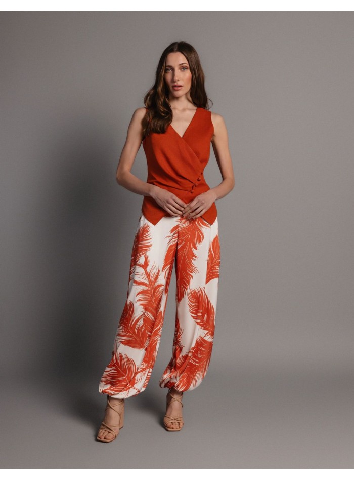 Pantalon long bouffant en satin imprimé