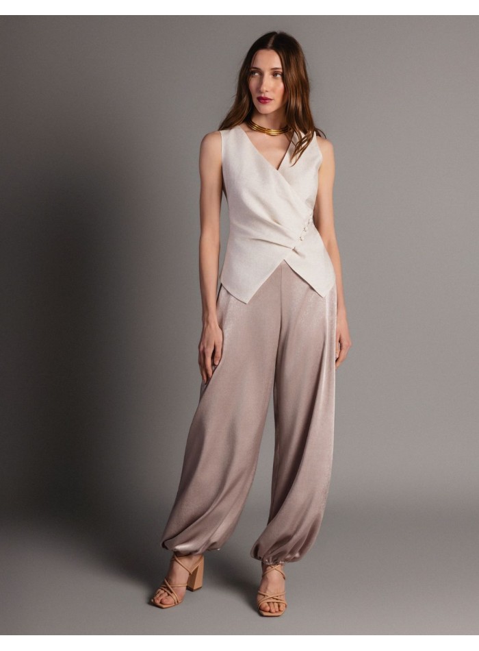 Pantalon long bouffant satiné couleur vison