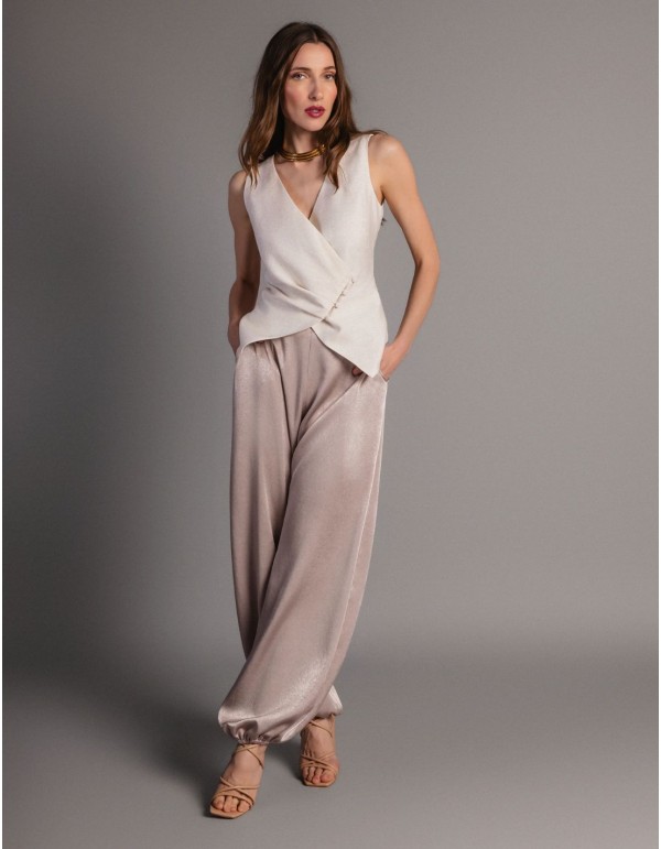 Pantalon long bouffant satiné couleur vison 2