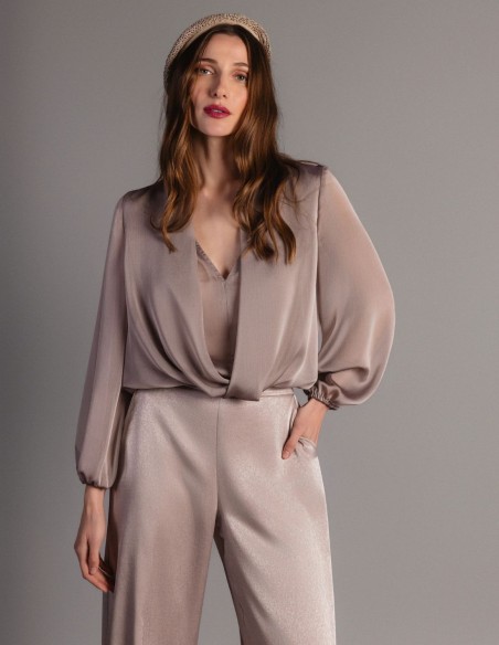 Chiffon blouse for wedding guests with a crossover neckline