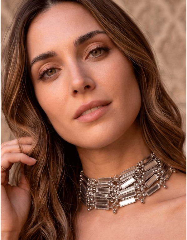 8-row silver choker with mirror-finish beads