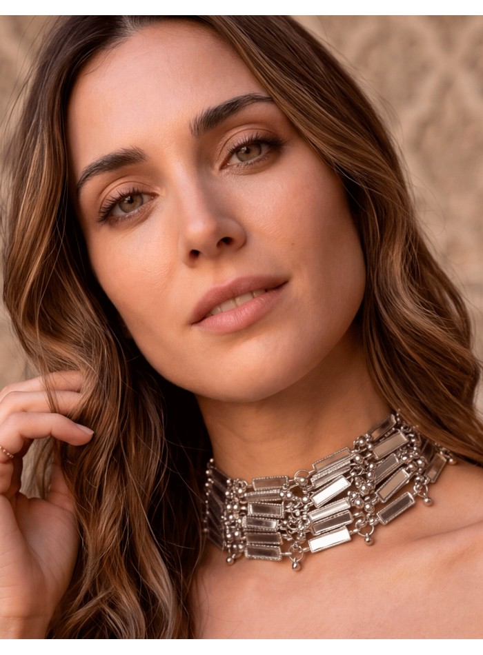 8-row silver choker with mirror-finish beads