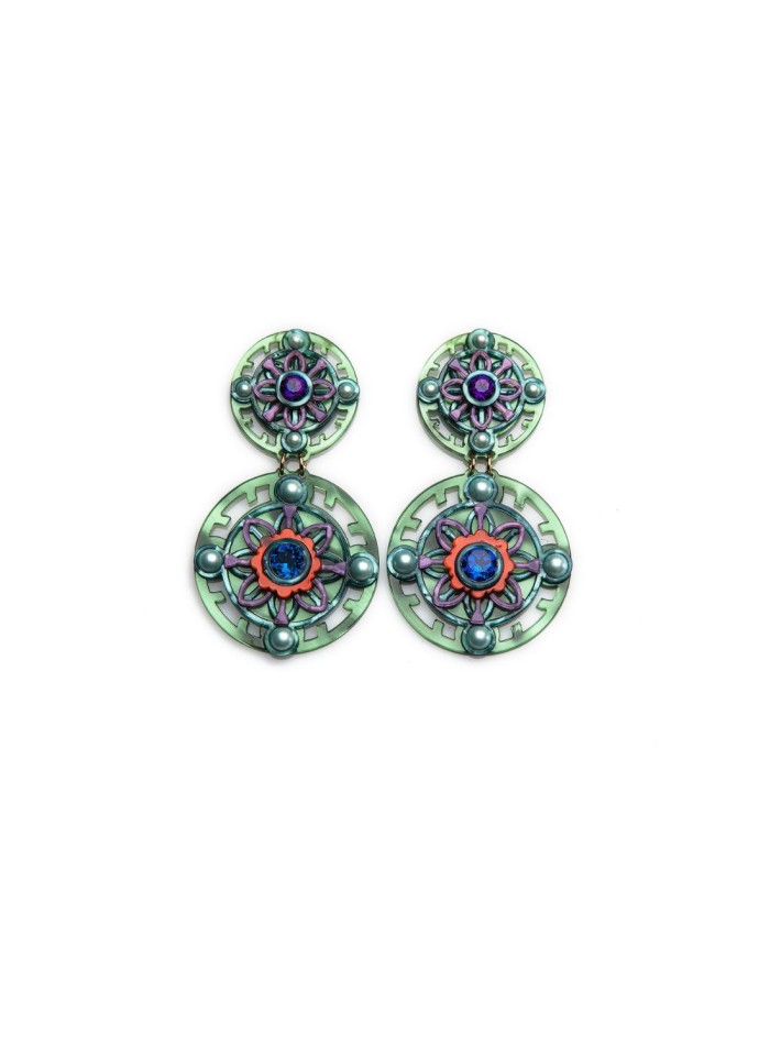 Green double-circle earrings with pearl and...