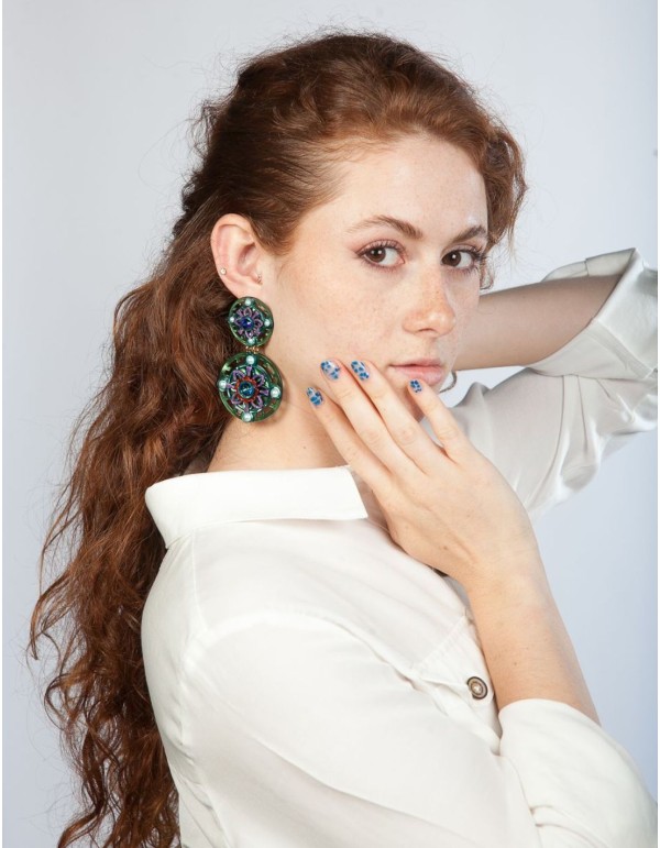 Green double-circle earrings with pearl and crystal accents