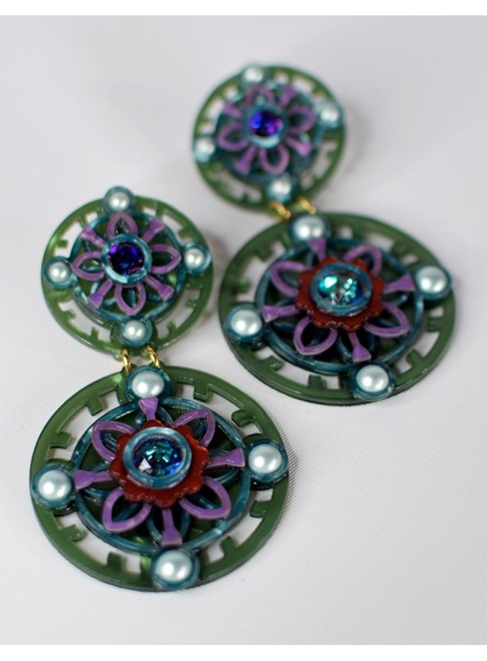 Green double-circle earrings with pearl and...