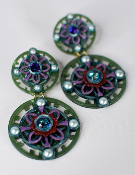 Boucles d'oreilles vertes à double cercle, ornées de perles et de cristaux