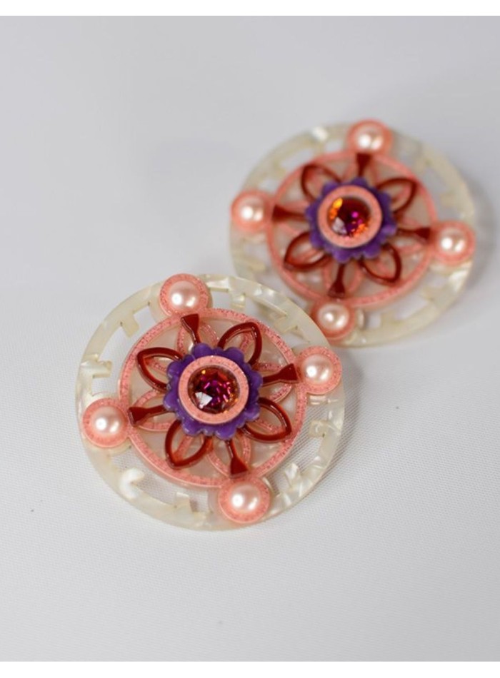 Pendientes circulares blancos con piedras de cristal con efecto perlado