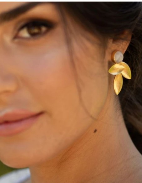 Gold Leaf Earrings with a Stone for a Wedding Guest