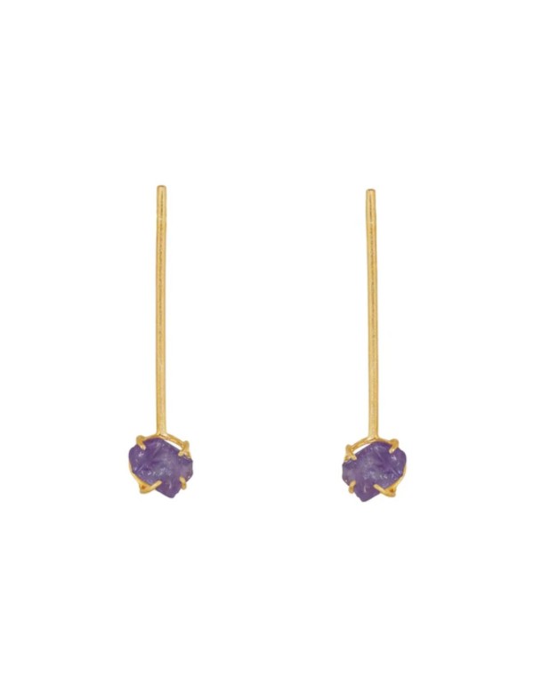 Boucles d'oreilles longues dorées ornées d'une améthyste 2