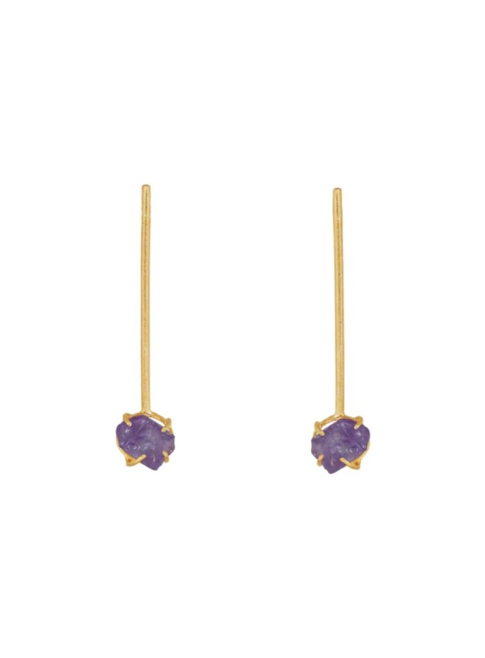 Long gold earrings with amethyst stones