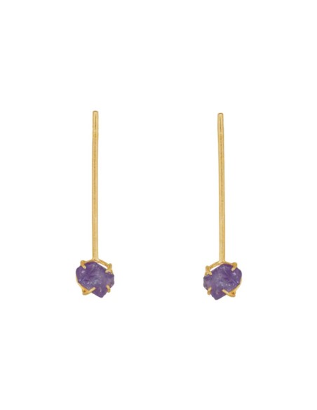 Boucles d'oreilles longues dorées ornées d'une améthyste