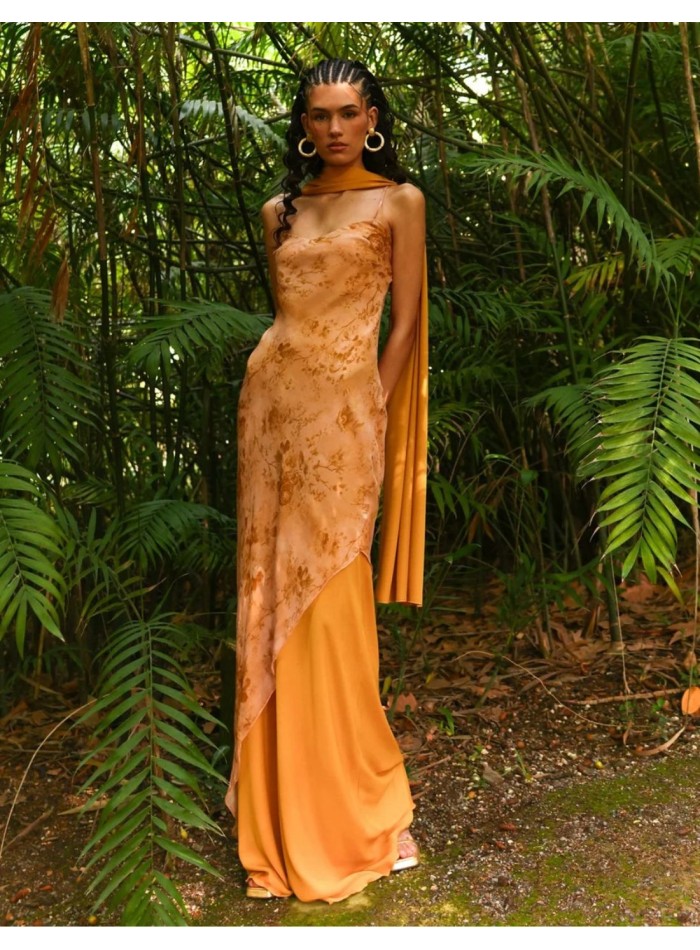 Mustard-print long dress for a wedding guest...