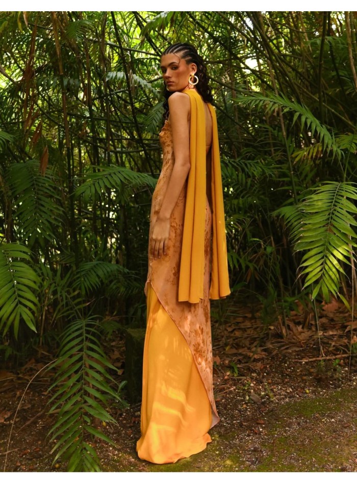 Mustard-print long dress for a wedding guest...