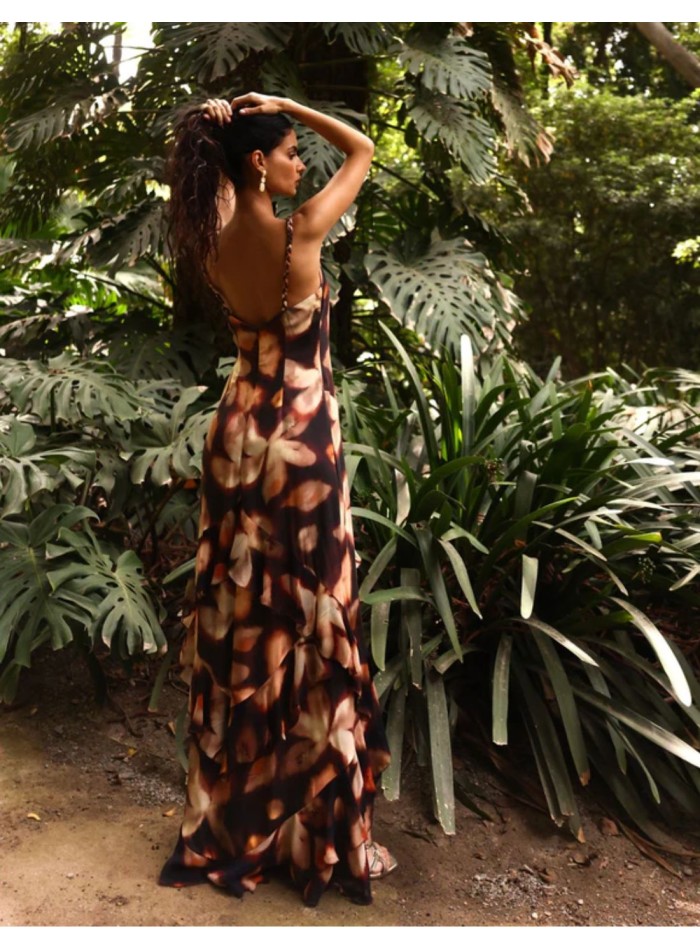 Long, earth-toned printed dress for a wedding...
