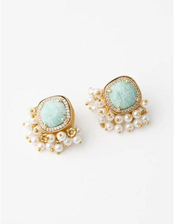 Gold Earrings with Amazonite and Pearls