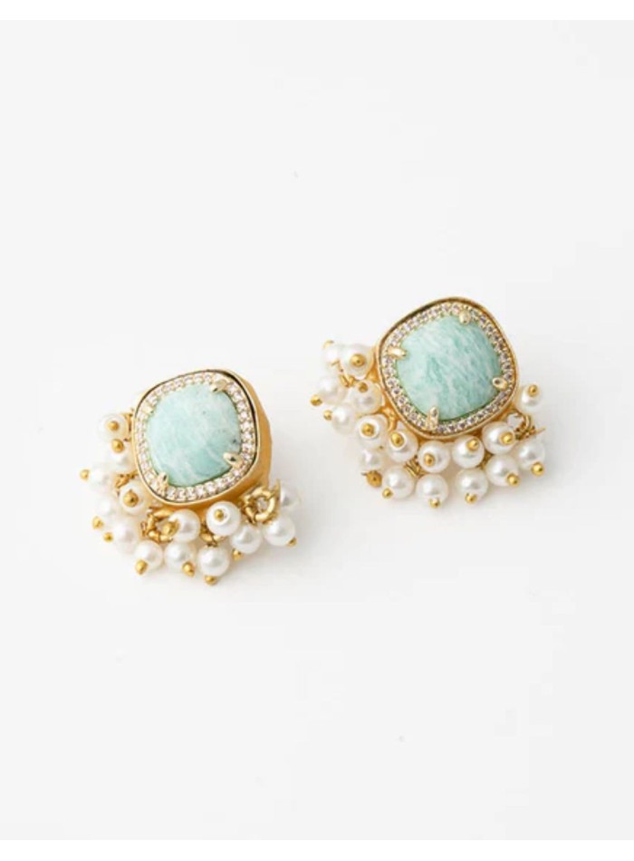 Gold Earrings with Amazonite and Pearls