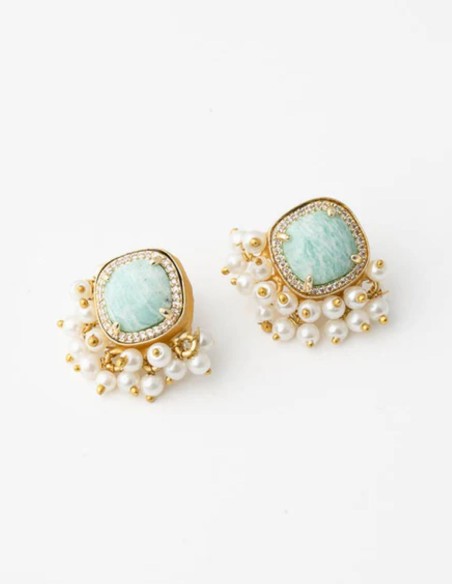 Boucles d'oreilles dorées en amazonite et perles