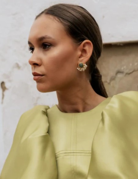 Gold Earrings with Amazonite and Pearls