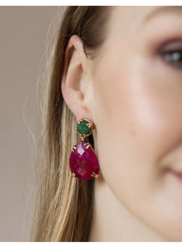 Gold earrings with a green stone and a ruby...