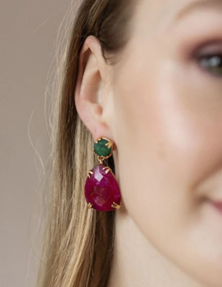 Gold earrings with a green stone and a ruby teardrop