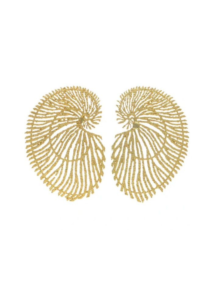 Large gold earrings shaped like seashells