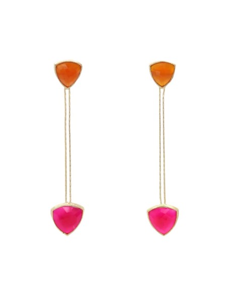 Pendientes largos dorados con piedras naranja y fucsia